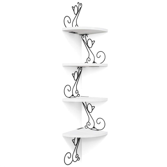 Alsonerbay Floating Corner Wood Shelves, 4 Tier Wall Mounted Rustic Storage Shelf, Cat Shaped Shelving for Wall, Solid Wooden Decor for Living Room, Bedroom, Kitchen, Bathroom, Office White
