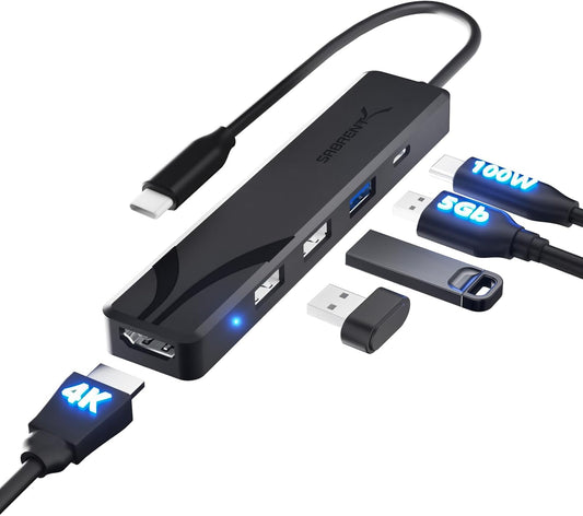 SABRENT 4K@60Hz, 100W (HB-TC5P) USB C Hub, USB C to HDMI Type C Hub Multiport Adapter, Power Delivery, Compatible