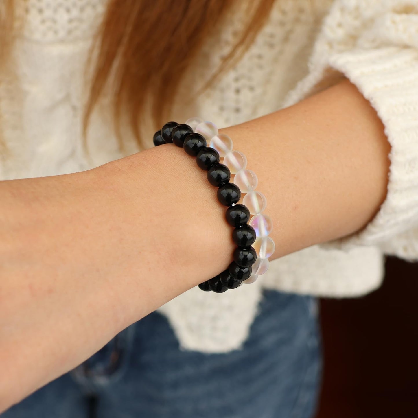 Risyfjew 3 PCS Moonstone Healing Crystal Bracelets Women 8mm NaturalMoonstone Stone Beaded Stretch Bracelet Crystal Gifts for Women