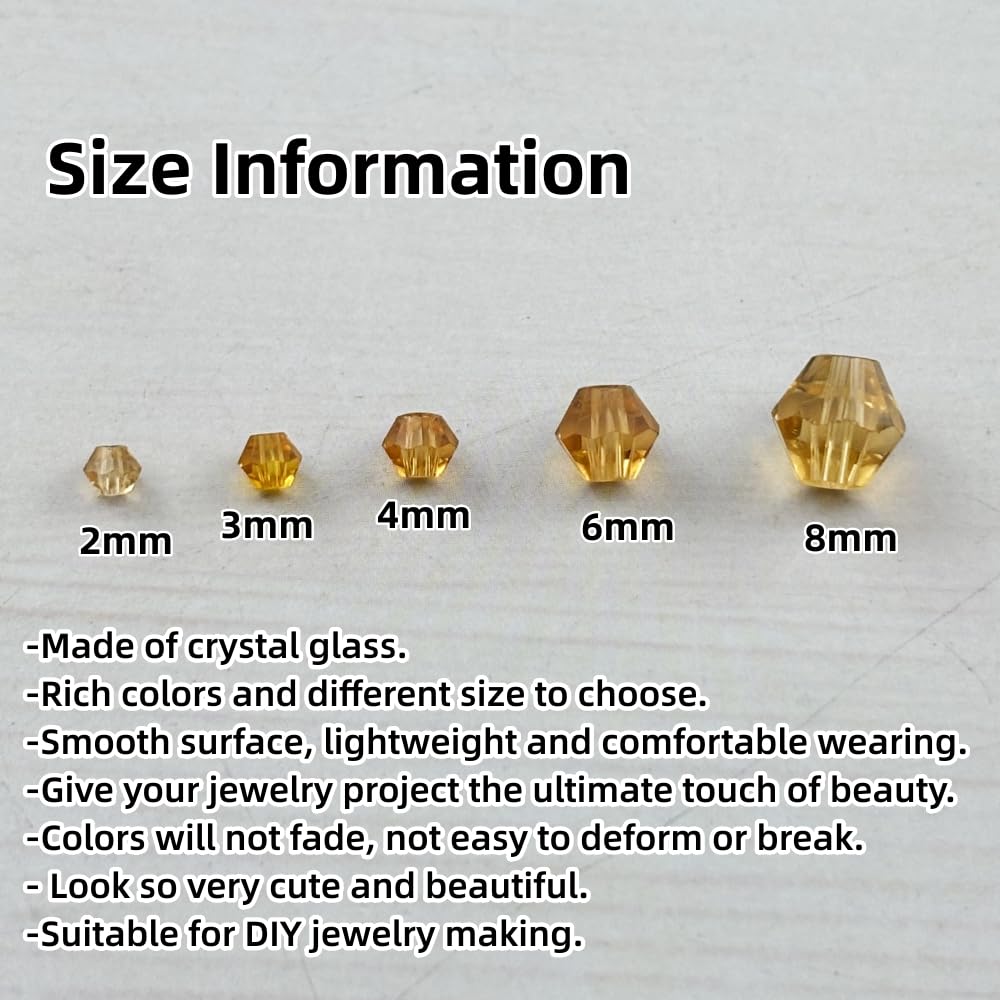 Pinhoollgo 1310pcs Bicone Crystal Glass Beads 2mm 3mm 4mm 6mm 8mm Faceted Crystal Spacer Beads for Bracelets Necklace Pendants Earrings DIY Jewelry Craft Making(Gold Champagne)