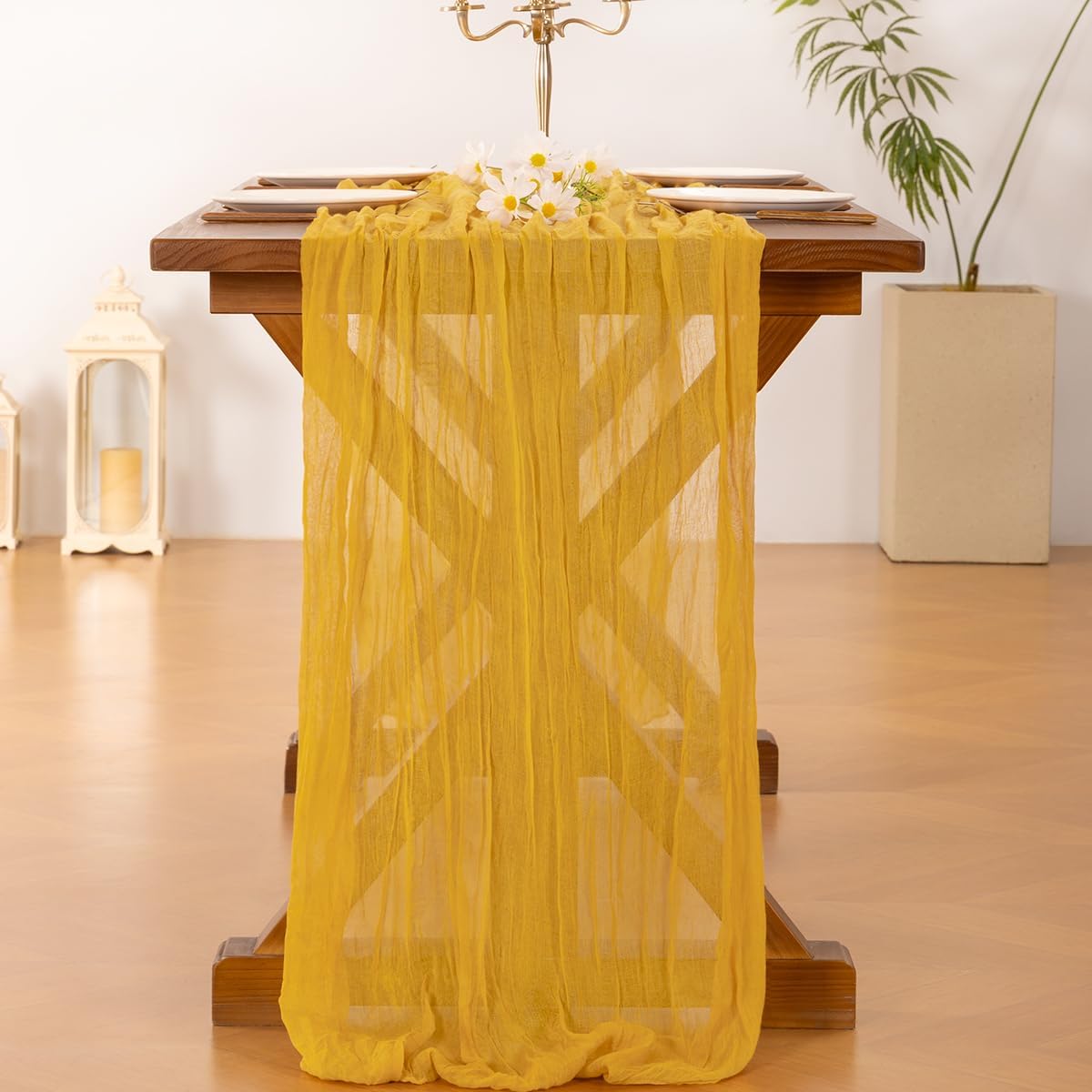 Socomi Cheesecloth Table Runner - 6pcs Gold Yellow Boho Rustic 120 Inch for Weddings & Events