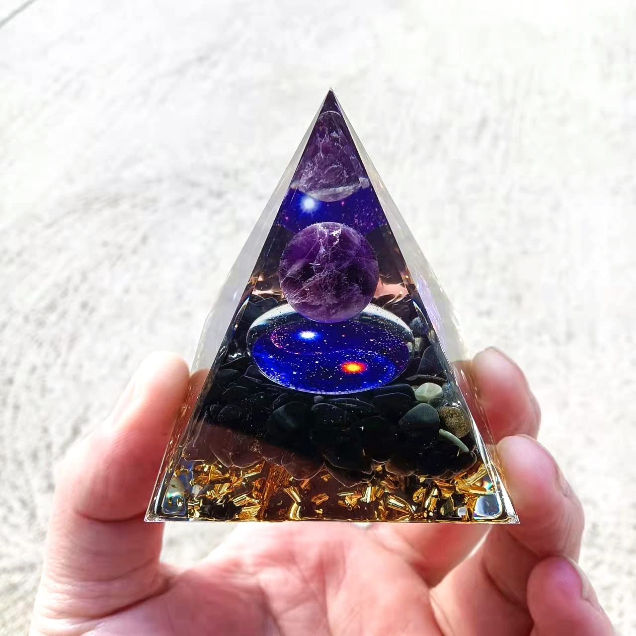 ycyingcheng Moonstone Crystal Orgone Pyramid Ogan Crystal Energy Tower, Nature Reiki Chakra Crushed Stone Jewelry, Crystal Pyramid for Home Decor (Taichi Starry Sky)