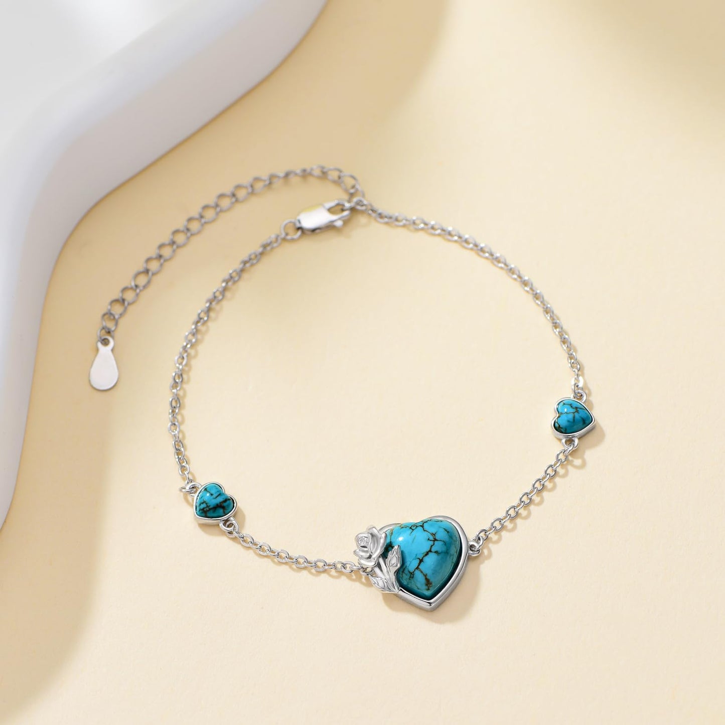BETHZA Turquoise Rose Bracelet 925 Sterling Silver Real Heart Turquoise Gemstone Adjustable Bracelets Jewelry for Women