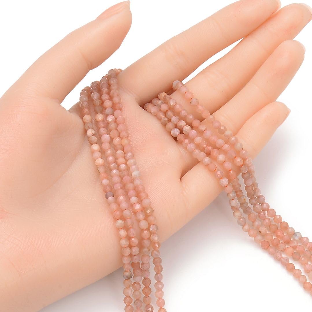 Adabele 30 Inch Natural Pink Moonstone Healing Gemstone 3mm (0.12 Inch) Tiny Small Faceted Round Loose Beads Stone Spacer (200-220pcs Total) for Craft Jewelry Making GK3-19