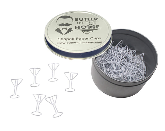 Butler in the Home 100 Count Martini Shaped Paper Clips Great for Paper Clip Collectors or Office Gift - Comes in Round Tin with Lid and Gift Box (White)