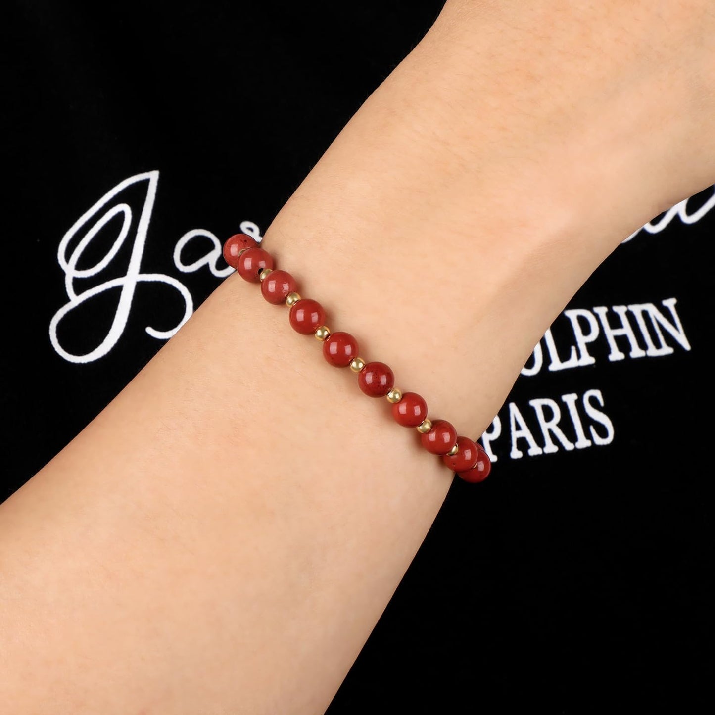 QOGIR Red Jasper - Zen Stone - 14K Gold Plated Beads Natural Gemstone Stretch Elastic Dainty Healing Beaded Bracelets Gifts 6mm