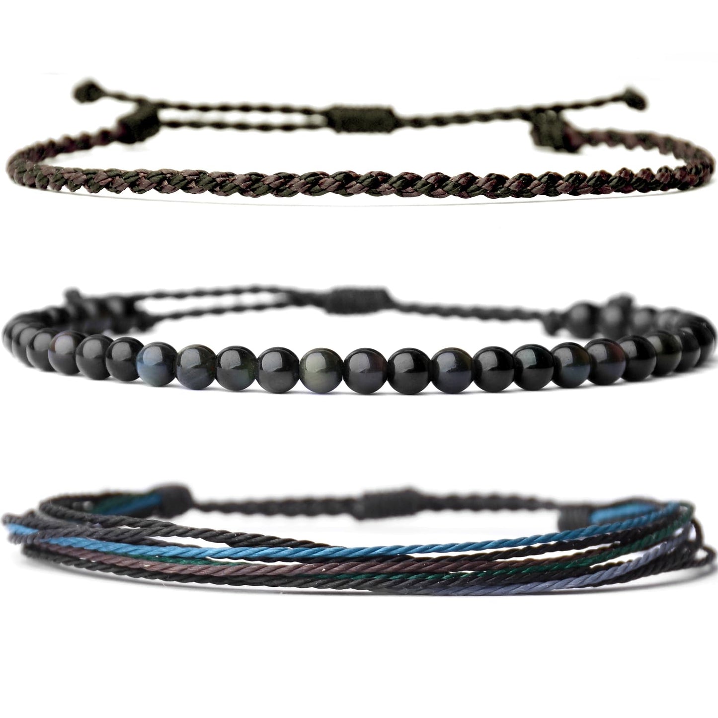 Handmade Natural Stone Beaded Healing Bracelet Gift for Men Adjustable Rope String Bracelet (Colorful Obsidian, Adjustable)