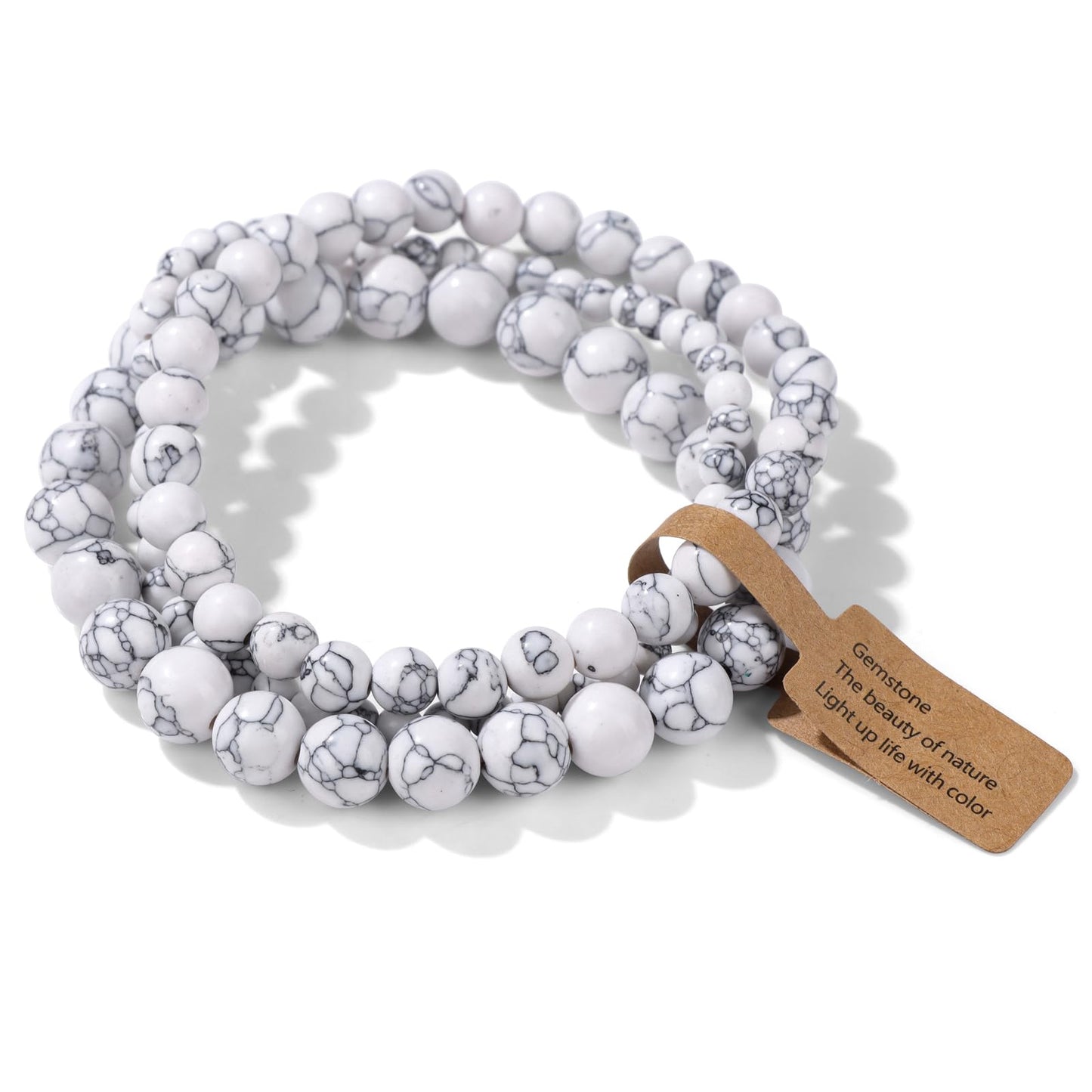 Risyfjew 3 PCS Natural Stone Beaded Stretch Bracelet 4mm 6mm 8mm Healing Crystal Bracelets Women Howlite Jewelry Gift