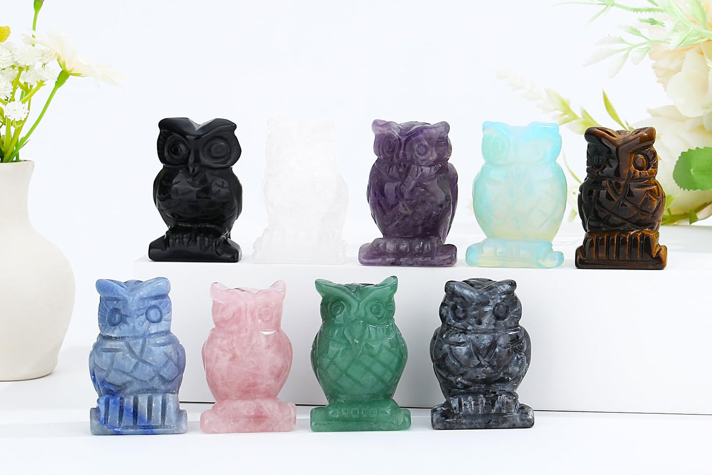 YATOJUZI 2” Owl Decors Natural Opal Crystals Stones Moonstone Cute Decor Polished Hand-Carved Sculpture Statue Figurines Gemstone Home Office Desk Decoration Reiki Energy Gifts