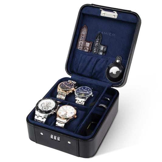 KAMIER Watch Case with Combination Lock - 4 Watch Storage and Jewelry Organizer - Watch Travel Case for Ring and Watch Storage, PU Leather Travel Watch Case, Ideal for Gift (With Gift Box),Black