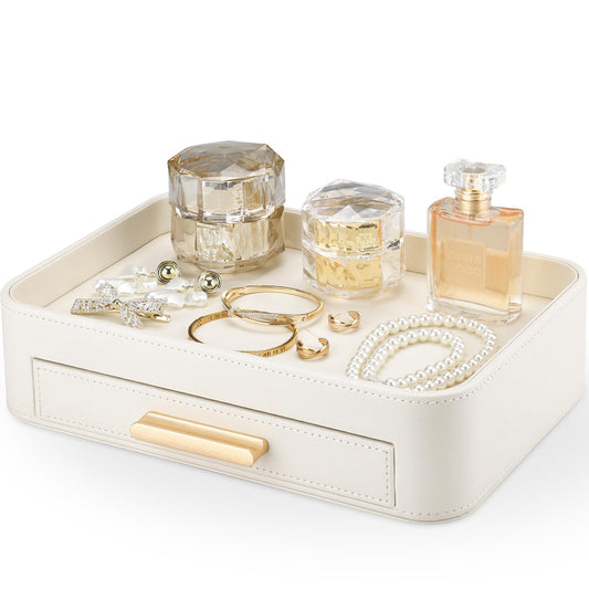 GORESE PU Leather Valet Tray with Drawer, Nightstand Organizer Catch All Tray for Jewelry Perfume Purse Trinket Key Holder, EDC Trays for Desk Vanity Entryway Table, Gift for Women Men, Cream White