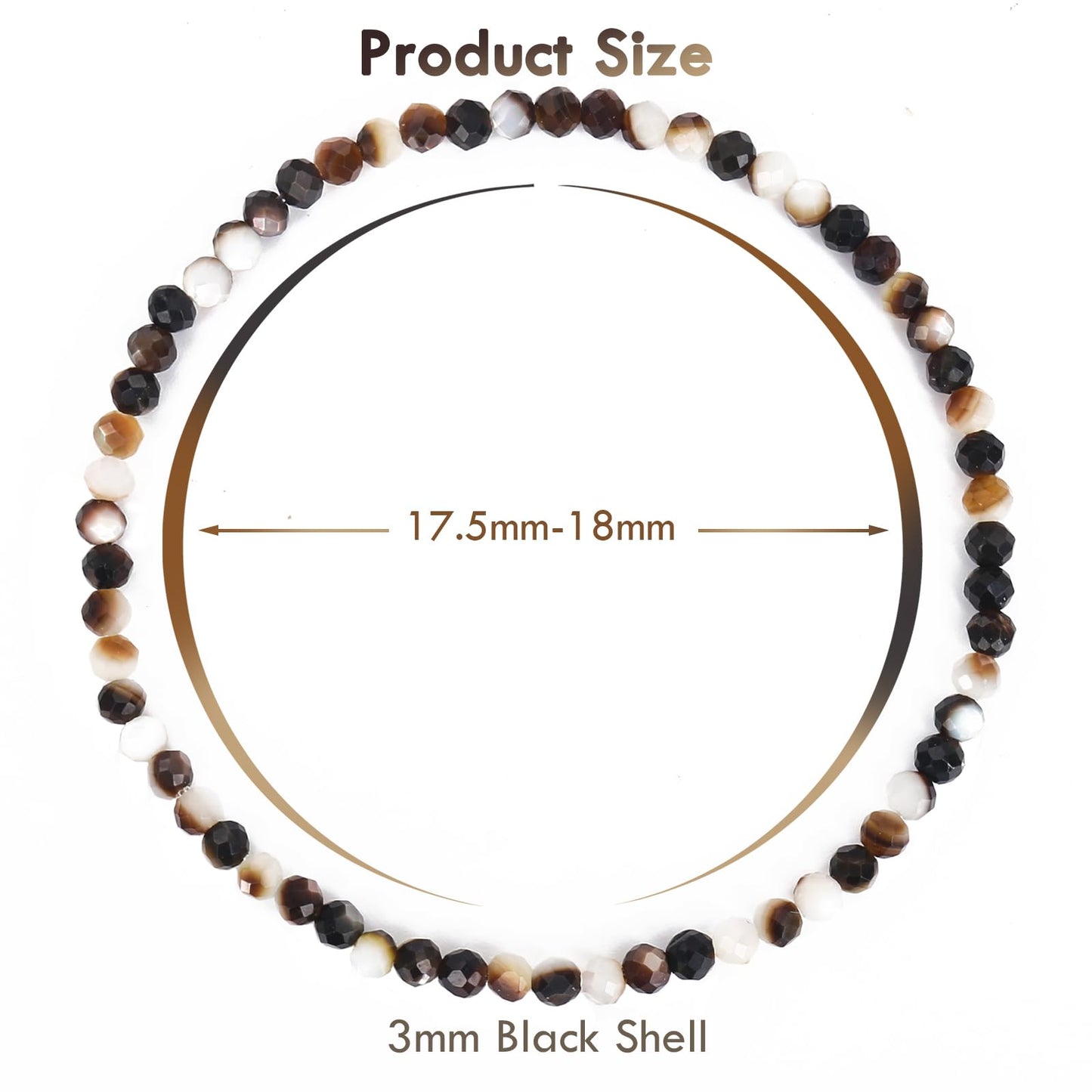 BONNY BOXX Natural Genuine Gemstone Faceted Round Beads Bracelet, 3mm Adjustable Stretchy Tiny Faceted Black Shell, Healing Crystal Reiki Chakra Dainty Jewelry Fashion Gifts