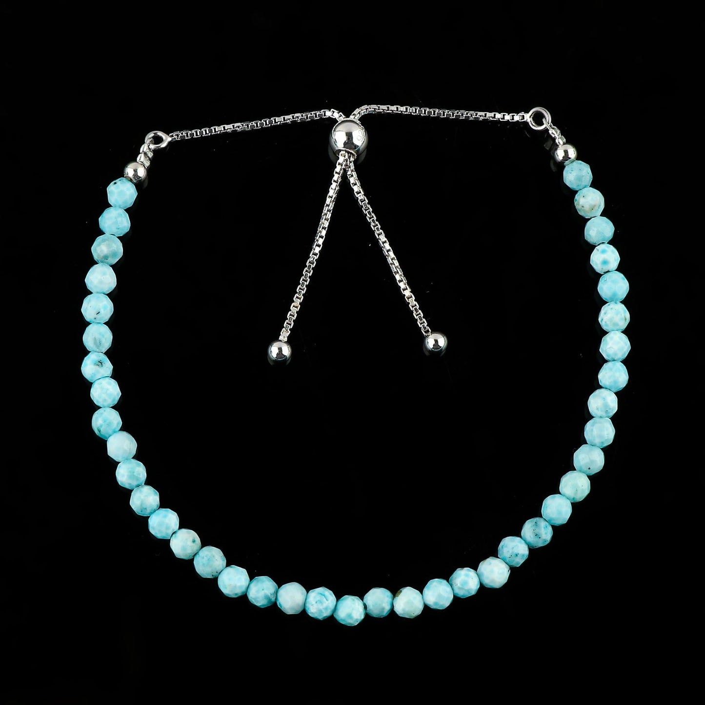 CRYSTALIS 4mm+ Natural Larimar Pectolite Beads Slider Bolo Bracelet, Beaded Crystals, Chakra Healing Stones, Delightful Womens Gemstone Jewelry, 925 Sterling Silver 10 inch