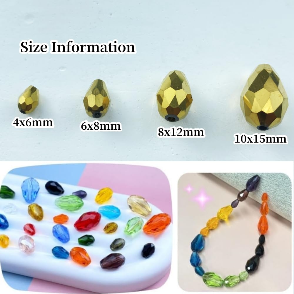 Honkoolly 100pcs 8x12mm Teardrop Crystal Glass Beads Vertical Hole Faceted Glass Teardrop Spacer Beads for Bracelets Necklace Earring DIY Jewelry Making Craft(Gold)