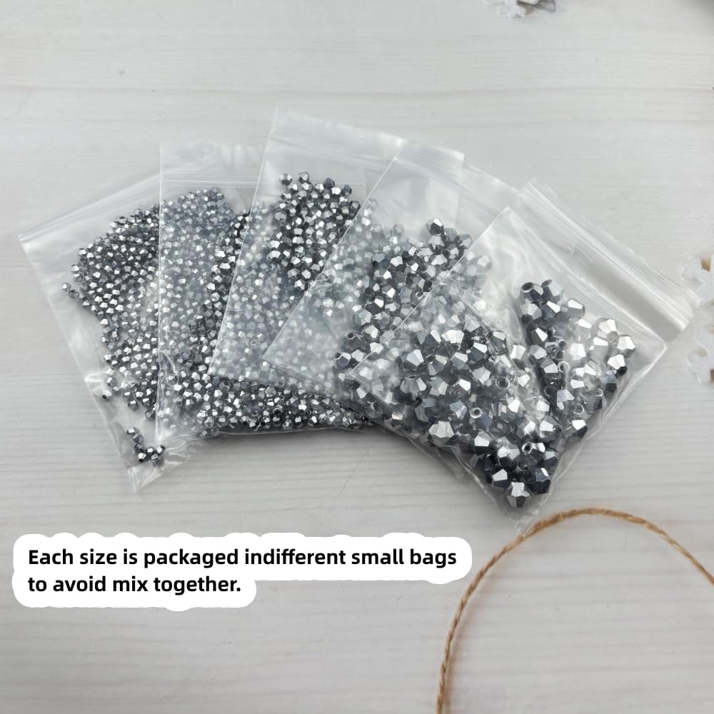 Pinhoollgo 1310pcs Bicone Crystal Glass Beads 2mm 3mm 4mm 6mm 8mm Faceted Crystal Spacer Beads for Bracelets Necklace Pendants Earrings DIY Jewelry Craft Making(Silver)