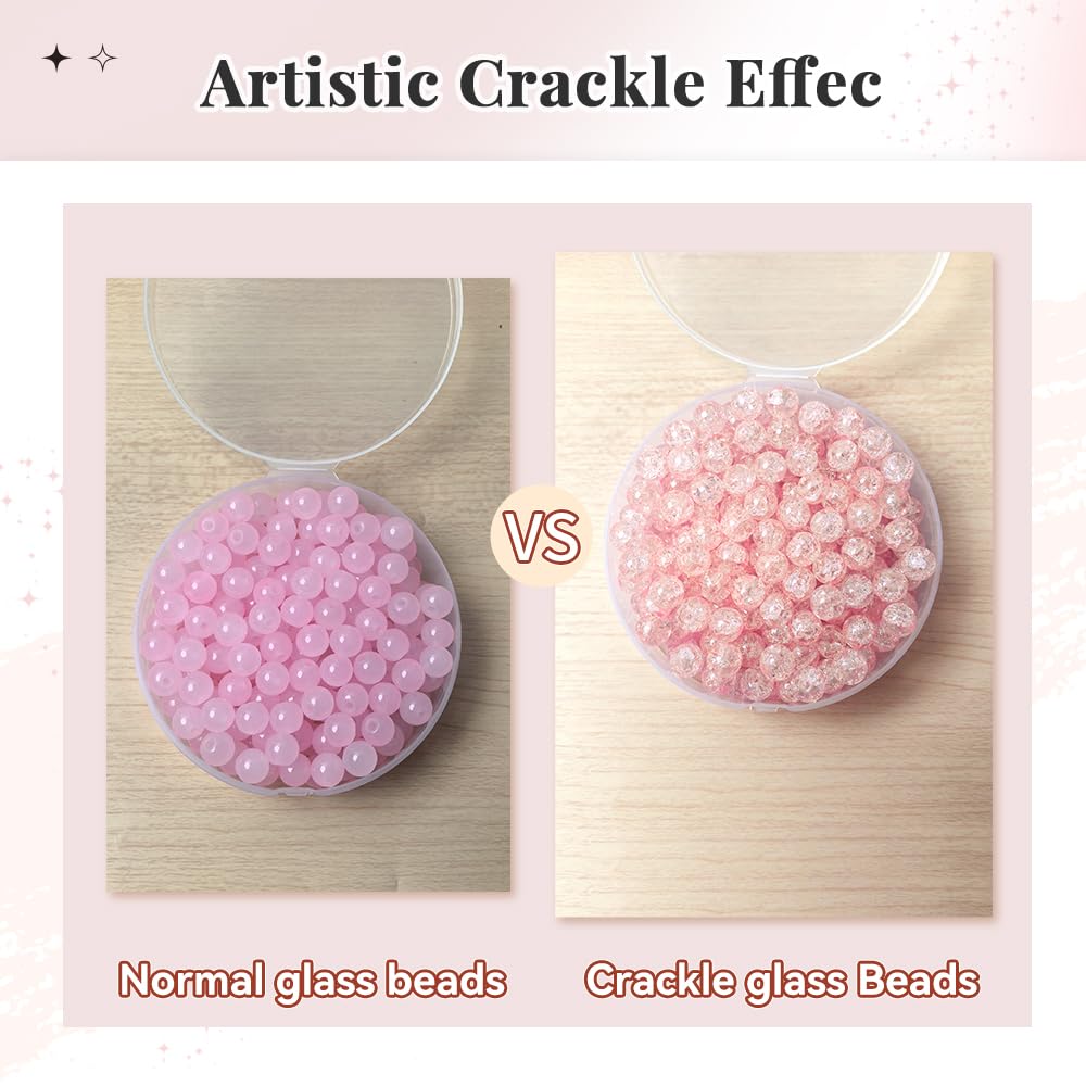PAMIR TONG 400pcs 8mm Round Glass Beads for Bracelet Pretty Smooth Loose Beads for Necklace-Earring-Jewelry Making and DIY Crafts (Crackle Pink)