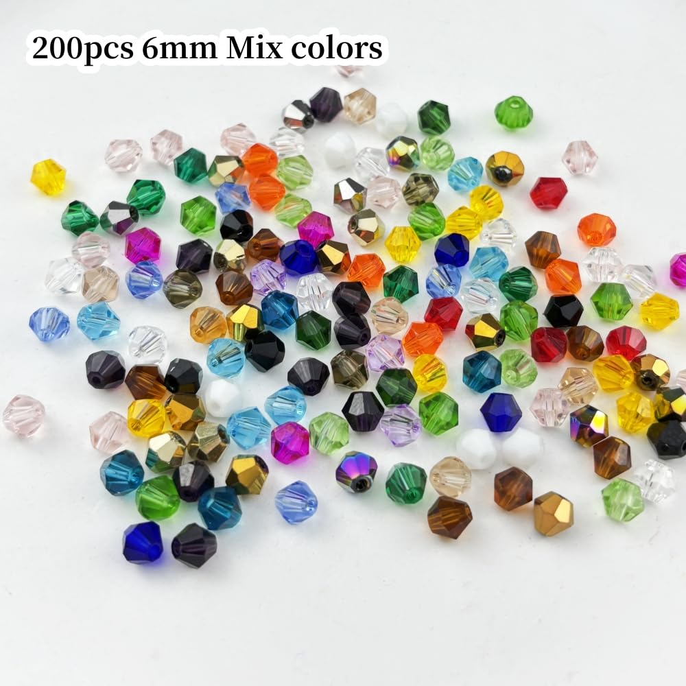 YUEXIGO 200pcs 6mm Bicone Glass Crystal Beads for Jewelry Making, Faceted Bicone Glass Spacer Beads for Bracelet Earring Necklace DIY Craft(Mix Color)