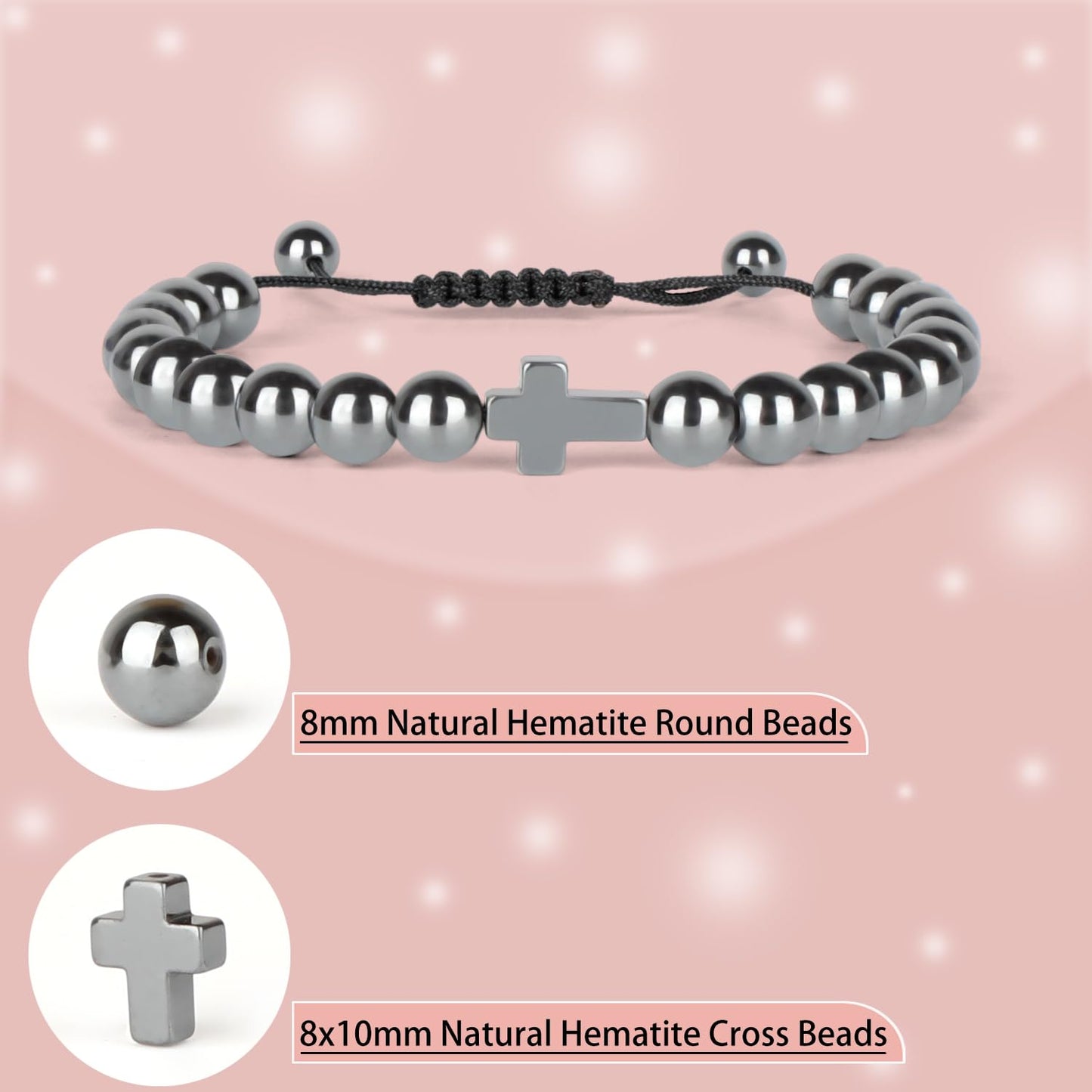 LPBeads 8mm Hematite Cross Bracelet with Handmade Rope Bracelet Size Adjustable Natural Stone Crystal Healing Bracelets Gifts for Unisex Adults