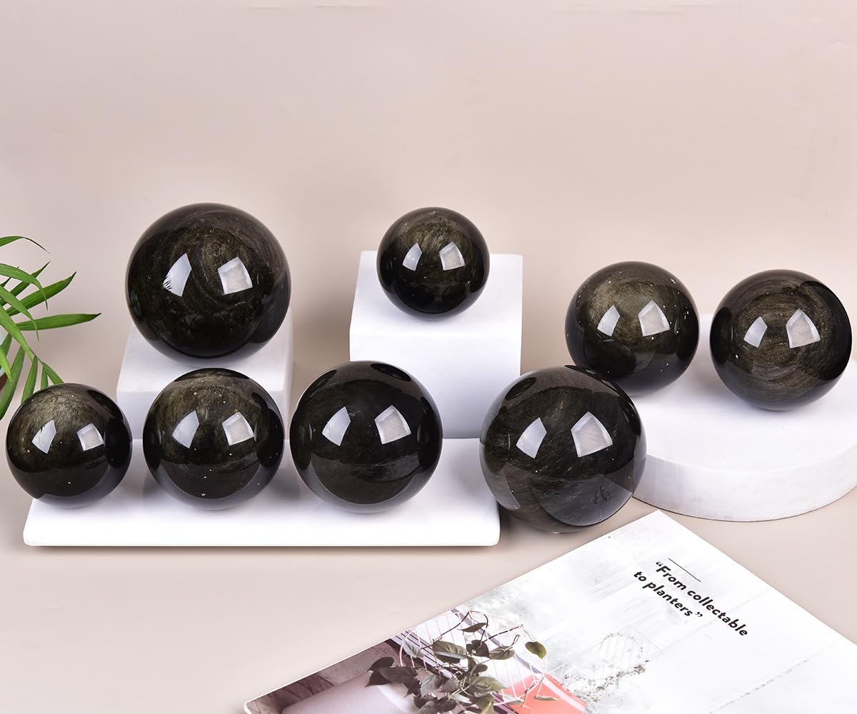 JIC Gem Large Golden Obsidian Crystal Sphere Natural Quartz Crystal Ball with Stand Healing Ornament Witchcraft Meditation Decor 2.7-3.1 inch(70-80mm)