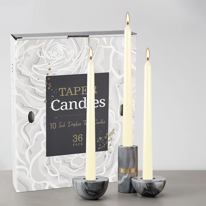 36 Pack Ivory White Taper Candles, 7-8 Hours Burn Time, Unscented, Smokeless and Dripless, 0.8 x 10 Inch Dinner Candle Set for Household, Wedding, Party and Home Décor Candlesticks