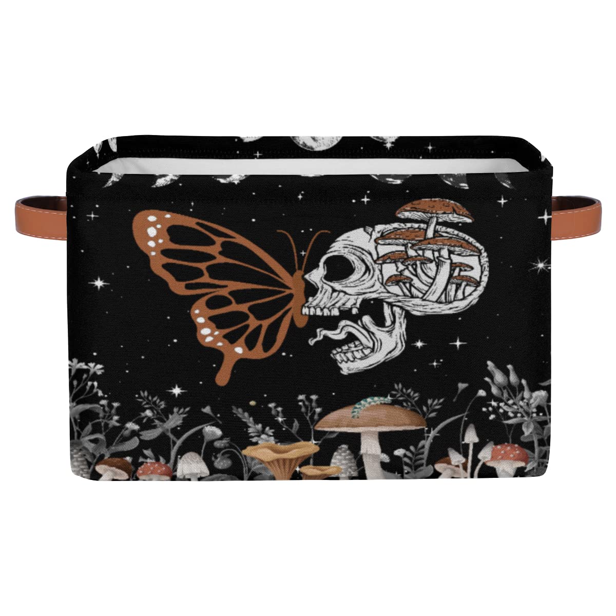 OMFUNS Skull Butterfly Storage Basket, Mushroom Star Foldable Storage Bin with Handle Fabric Rectangular Storage Box Organizer for Closet Shelf Home Office Nursery Toy Basket, 1 Pack