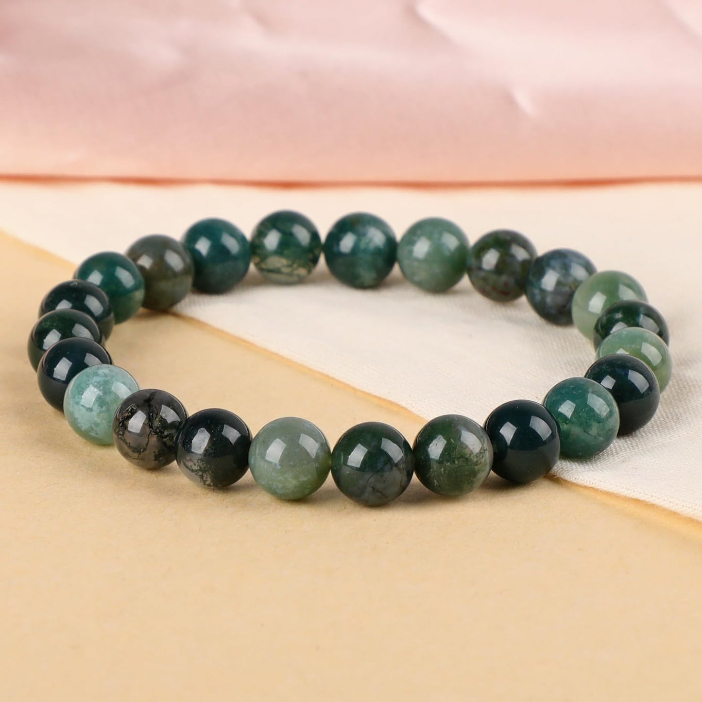 LPBeads Handmade Natural Gemstone Stretch Elastic 8mm Moss Agate Bracelet Healing Crystal Round Stone Beads Jewelry Gifts for Women Men