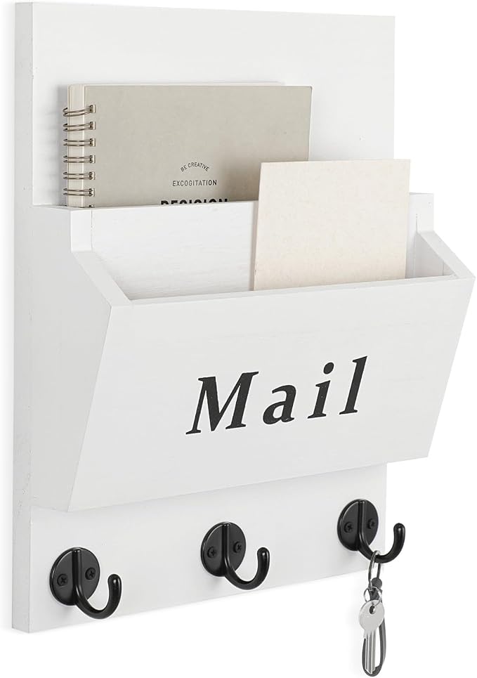 Mail and Key Holder - Decorative 8.86" x 11.42" Wall Key Hanger with 2 Mail Organizer Slots and 3 Hooks - Real Paulownia Wood with Keyhole Brackets, Hardware and Instructions (White)