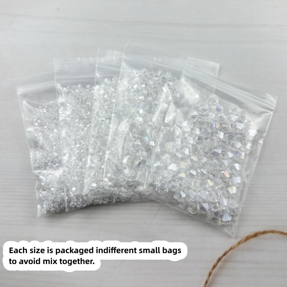 Pinhoollgo 1310pcs Bicone Crystal Glass Beads 2mm 3mm 4mm 6mm 8mm Faceted Crystal Spacer Beads for Bracelets Necklace Pendants Earrings DIY Jewelry Craft Making(Transparent AB)