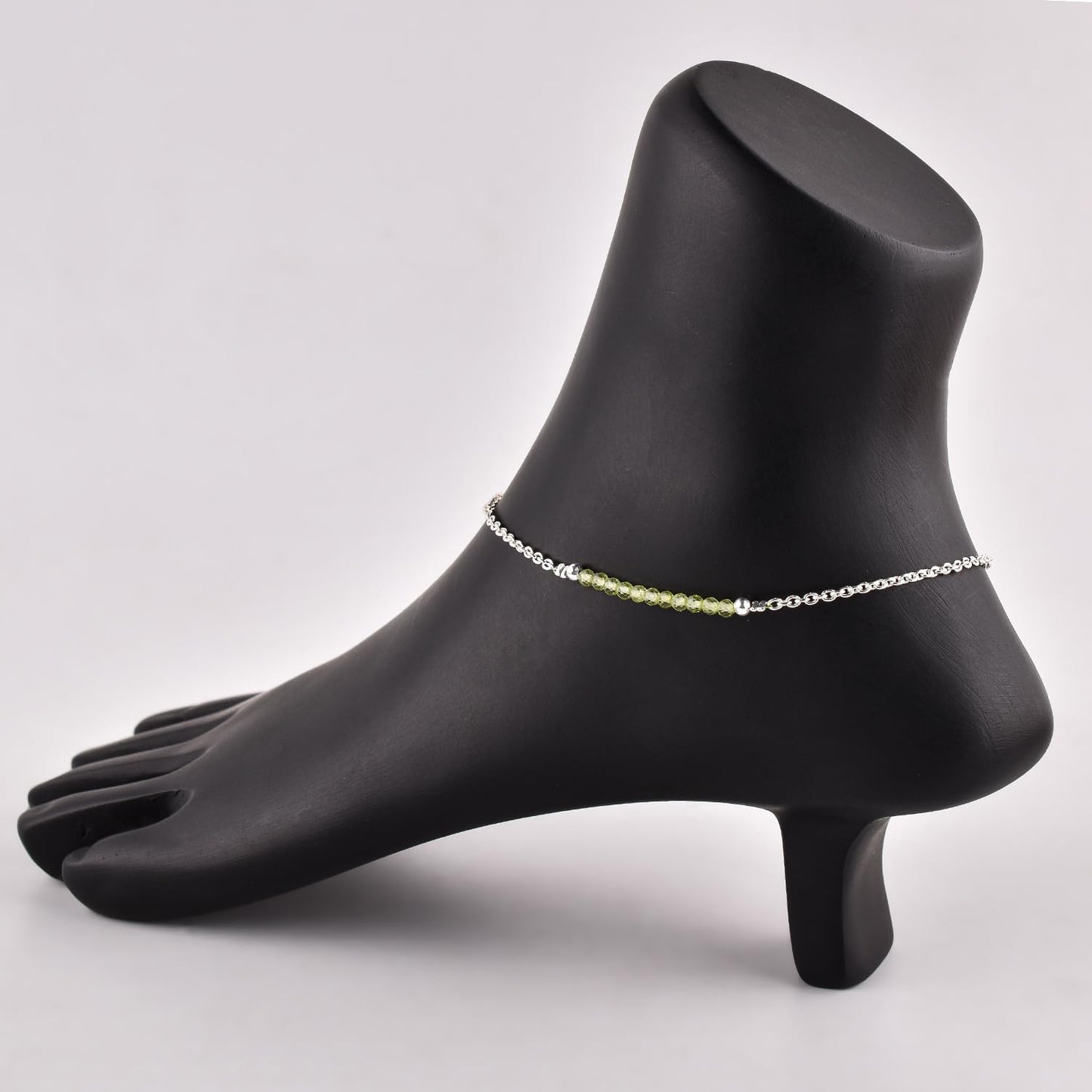 YANARA Peridot Ankle Bracelets for Women, August Birthstone, Green Gemstone Beads, Handmade Dainty Waterproof Anklets 9"+1.25" inch, Chakra Healing Crystals, Silver Plated Chain, Minimalist Jewelry For Her