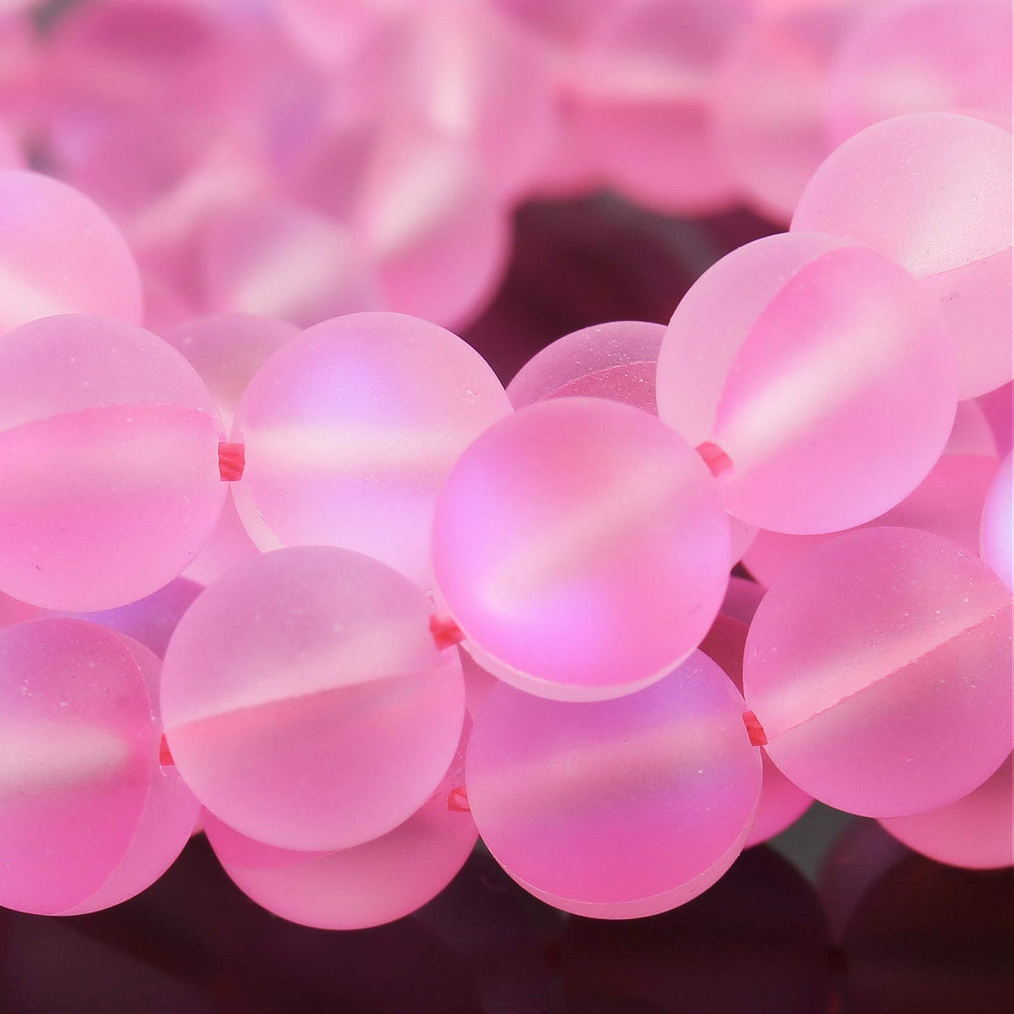 Matte Pink Aurora Crystal Glass Beads, 10MM Frosted Glitter Shining Mermaid Round Loose Beads, Rainbow Holographic Synthetic Moonstone for Jewelry Making DIY Bracelet