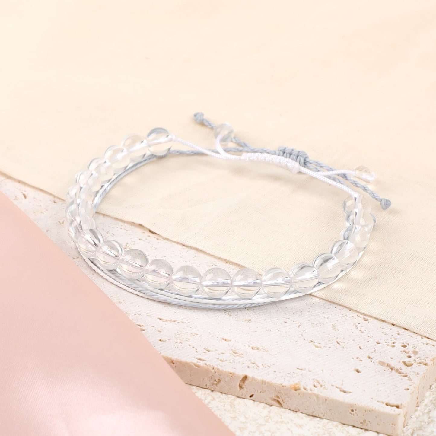 LPBeads 8mm Clear Quartz Bracelet with Handmade Rope Bracelet Size Adjustable Natural Stone Crystal Healing Bracelets Gifts for Unisex Adults