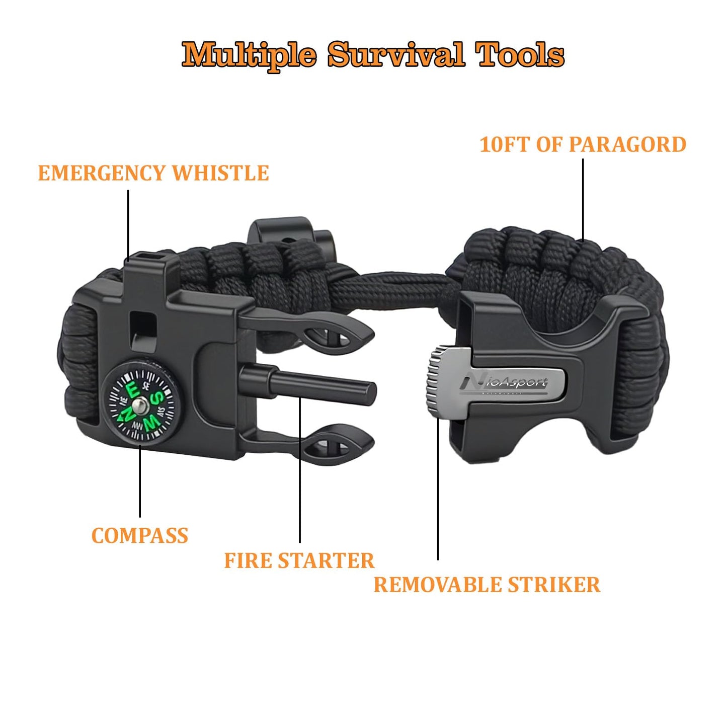 NVioAsport Paracord Survival Bracelet (3 Pack) - Adjustable with Fire Starter, Whistle, Compass - Survival Gear for Hiking, Camping, Fishing, Gifts for Men Dad Husband