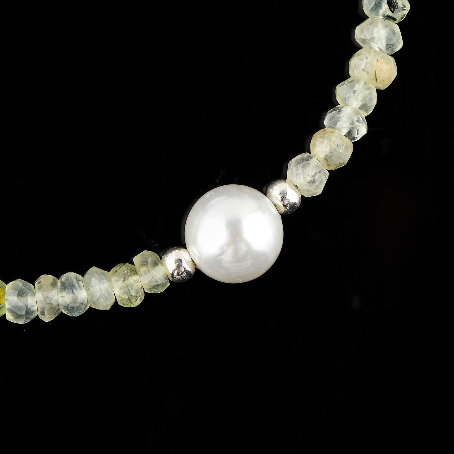 CRYSTALINES Natural Prehnite Gemstone Bolo Bracelet & Pearl, Faceted Beads Stones, Handmade Boho Hypoallergenic Jewelry, Healing Crystals, Silver Adjustable Chain 6+4inch, Minimalist Trendy Gifts