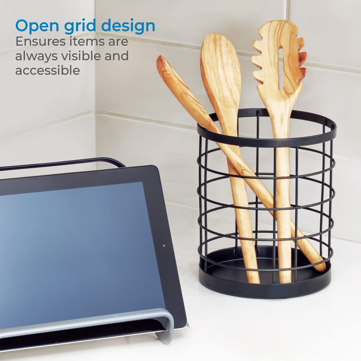 iDesign Kitchen Crock for Utensils - Steel Kitchen Crock Utensil Holder for Countertop - Matte Black