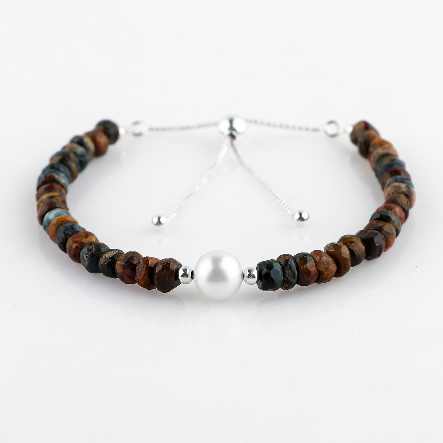 CRYSTALINES Natural Pietersite Gemstones Beads Bolo Bracelets with Pearl, Handmade, Birthstone, Beaded Bracelet, Real Crystals Jewelry, Women Bracelet, Silver Plated Adjustable Chain 6+4inch, A Grade