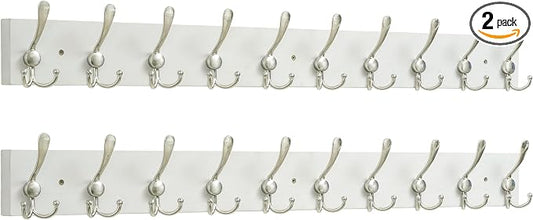 SKOLOO Creations White Solid Wood Wall Mounted Coat Rack, 10 Hooks, 38-1/8" Long - Kitchen, Mudroom, Entryway, Bathroom - Includes Mounting Hardware, Wall Coat Hanger, Towel Rack, Pack of 2