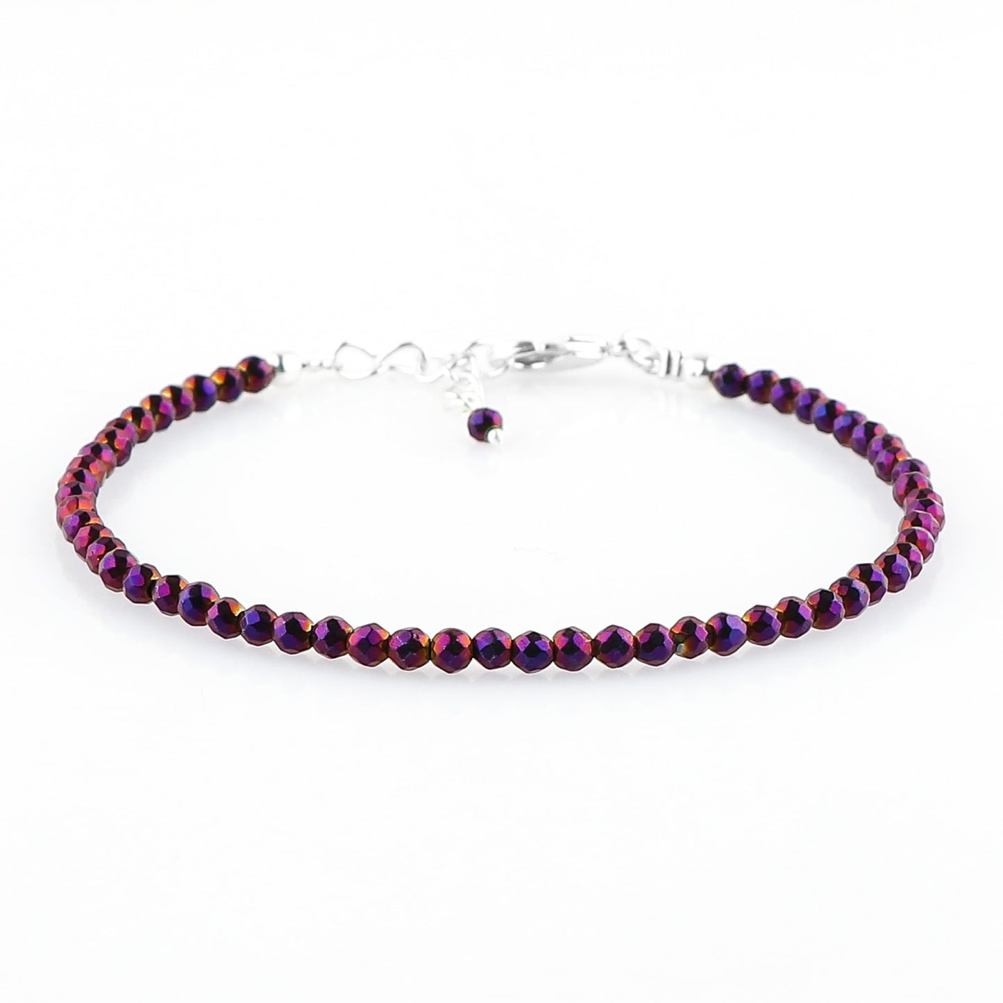 CRYSTALINES Genuine Purple Hametite Gemstone Bracelet, Faceted Beads Stones, Hypoallergenic Handmade Boho Jewelry for Women, Healing Crystals, Adjustable Silver Chain 7+1inch, Birthday Gift