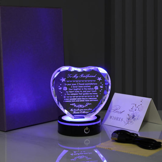 MysticGlitz Heart Shaped Crystal Keepsake for Girlfriend, Romantic Anniversary Birthday Gift for Her, LED Color Changing Base, Unique Keepsake Night Light for Bedroom & Home Office Decor