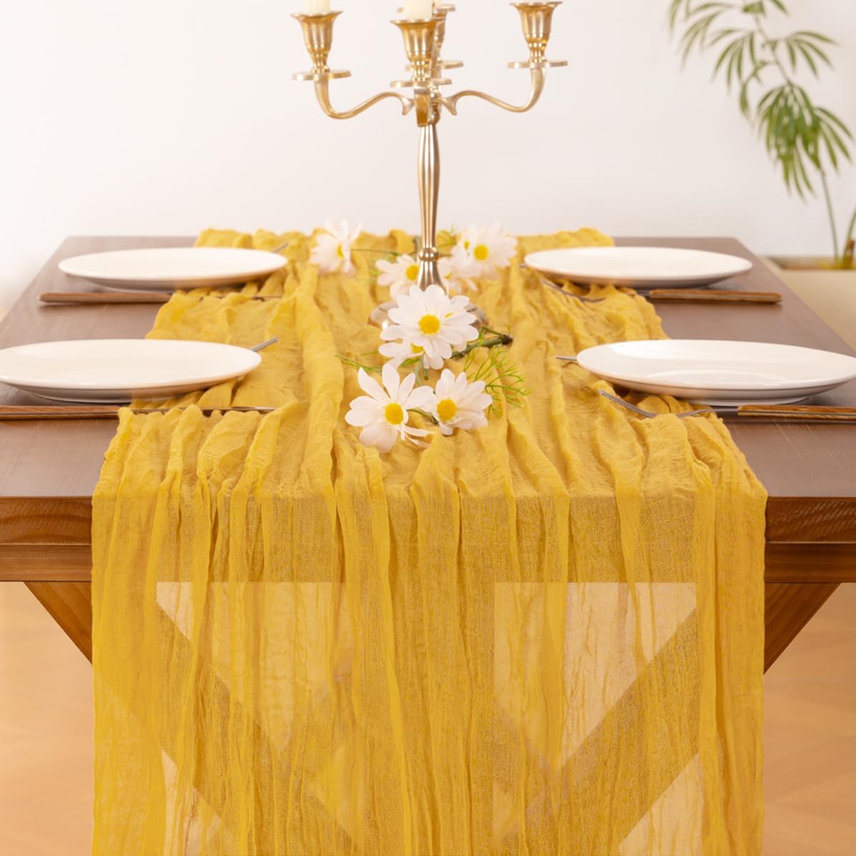 Socomi Cheesecloth Table Runner - 6pcs Gold Yellow Boho Rustic 120 Inch for Weddings & Events