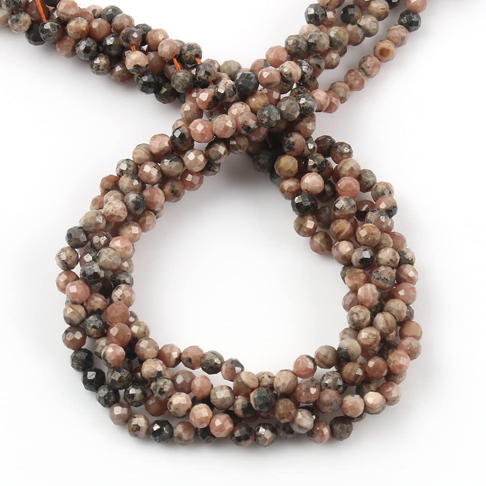 Song Xi 90pcs 4mm Natural Black Stripe Rhodochrosite Gemstone Beads Faceted Round Loose Stone Beads for Jewelry Making (1 Strand)