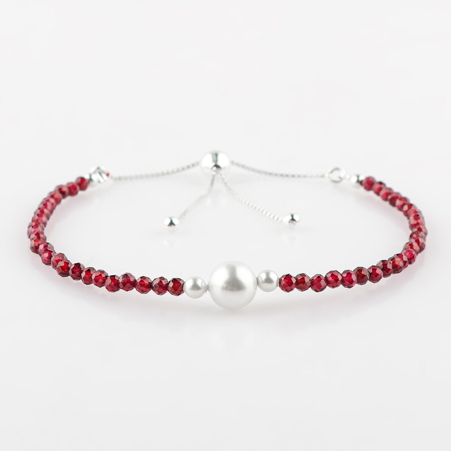 CRYSTALINES Natural Garnet Gemstone Bolo Bracelet, Cultured Pearl Beads Stones, Handmade Hypoallergenic Boho Jewelry for Women, Healing Crystals, Silver Chain 6+4inch, January Birthday Gift
