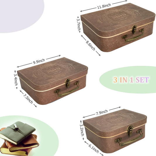 Vintage Decorative Storage Box Set of 3 with Lids, Keepsake & Photo Box, Brown Suitcase Memento Case