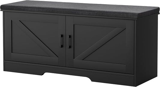 HOMSHO 2-Tier Storage Bench, 39.4" Wide Shoe Bench with Padded Seat Cushion, Entryway Bench with 2 Barn Doors and Adjustable Shelf, Black