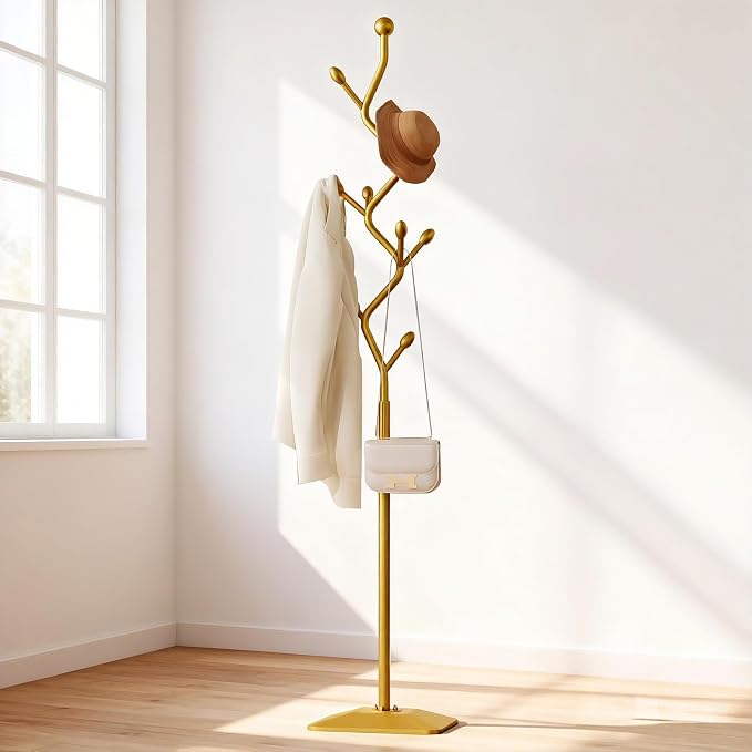 Tree-shaped coat rack stand,Metal coat tree with 8 Hooks and sturdy cast iron base,Heavy Duty coat rack freestanding coat hanger stand for Clothes Hats Scarfs Purses (gold)