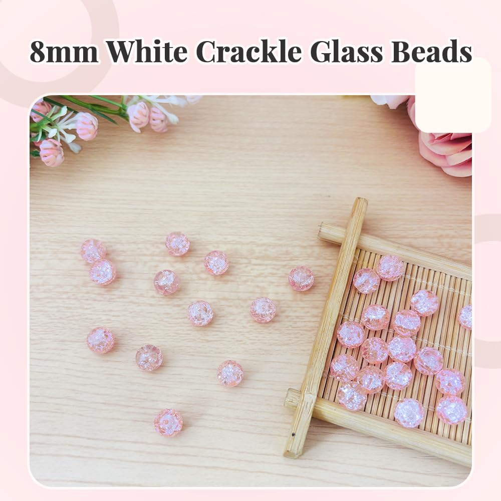 PAMIR TONG 400pcs 8mm Round Glass Beads for Bracelet Pretty Smooth Loose Beads for Necklace-Earring-Jewelry Making and DIY Crafts (Crackle Pink)