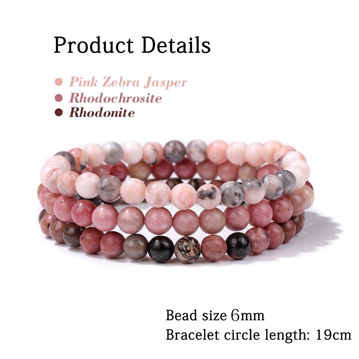 Risyfjew 3 PCS Healing Crystal Bracelets Women 6mm Natural Stone Beaded Stretch Bracelet Pink Zebra Jasper Jewelry Gifts