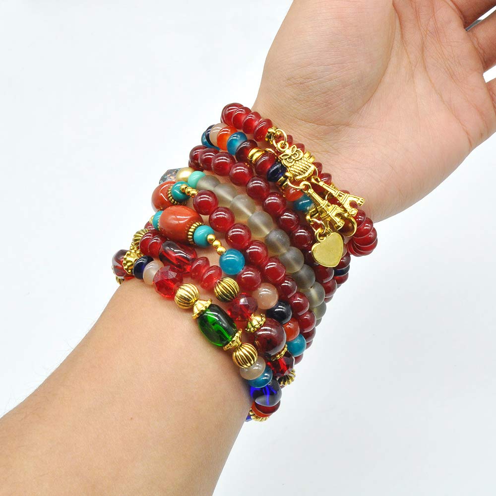 Bohemian Bracelet Sets for Women - 6 Stackable Stretch Bracelets Multi-color Boho Jewelry Hippie Dainty Best Friend Gift (Owl charm stretch bracelet set)
