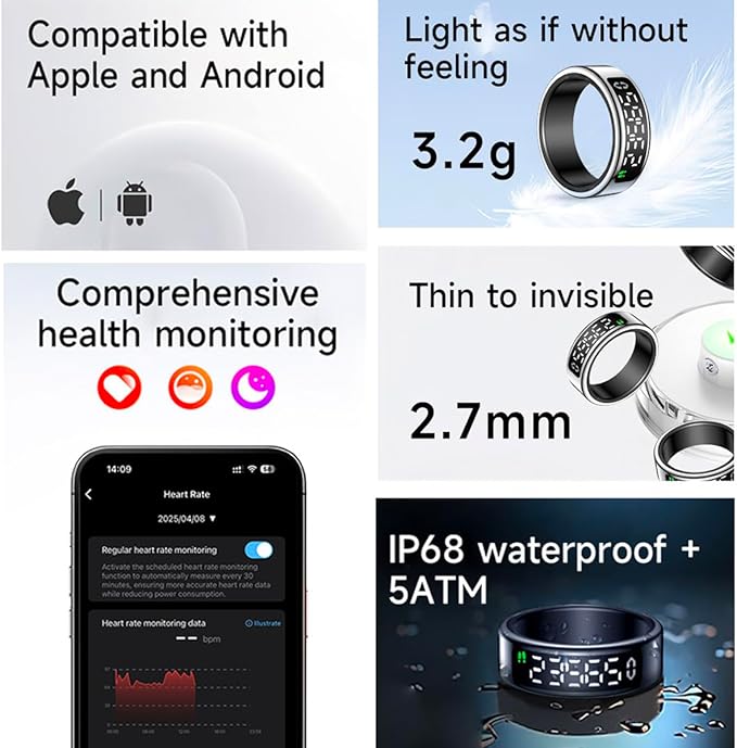 Smart Health Ring with Screen,for Women Men Fitness Tracker Heart Rate, Blood Oxygen, HRV, Sleep Monitoring, Step Counting, IP68 for iPhone and Android, No Subscription Fee (Black, 9#)