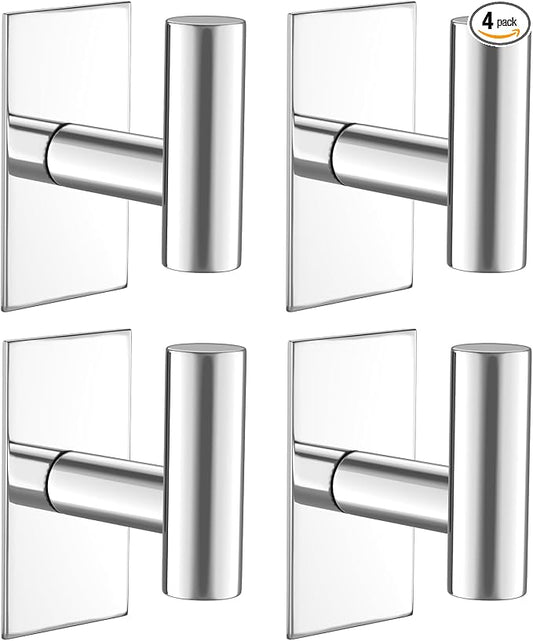 VAEHOLD Wall Towel Hooks, Heavy Duty Sticky Holder Waterproof Towel Hooks for Hanging Coat, Clothes, Closet Hook Wall Mount for Kitchen (Chrome, 4 Pack)