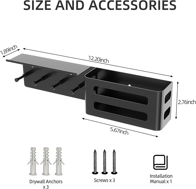 MKO Key Holder for Wall, Mail Organizer Key Rack with Tray, Key Holder Adhesive Wall Mount, 4 Hooks(Black)